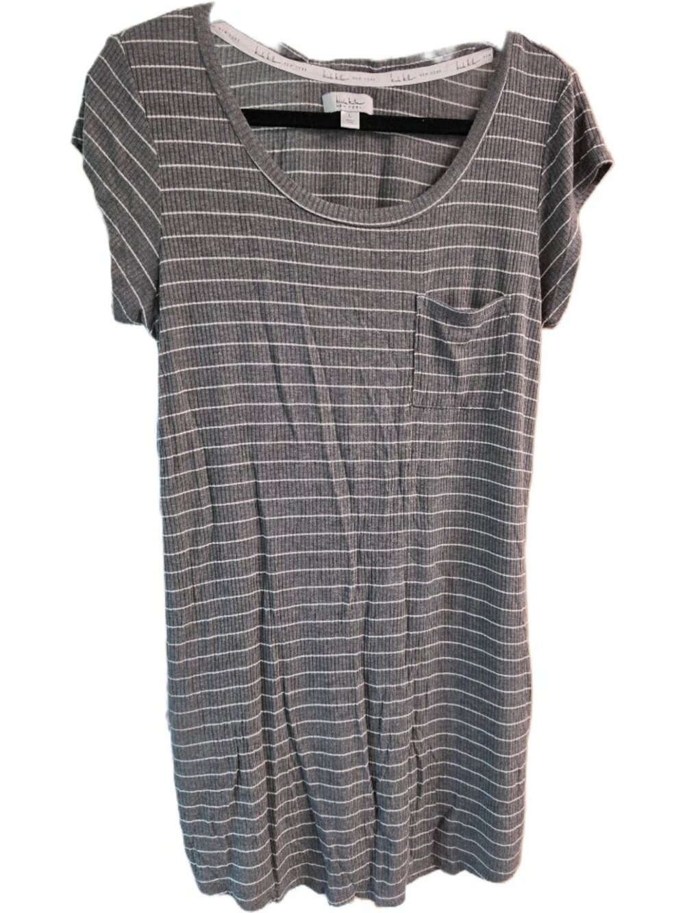 Nicole Miller NY Pajama Dress Large Gray White Striped Ribbed Sleep Shirt Tunic - Picture 1 of 8